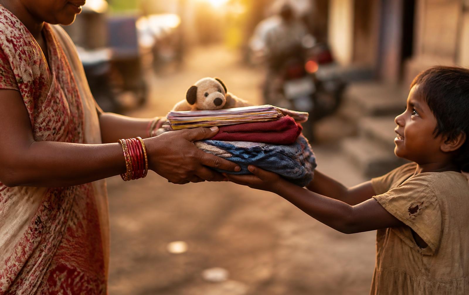 A woman handing folded clothes, books and a soft toy to a smiling child
